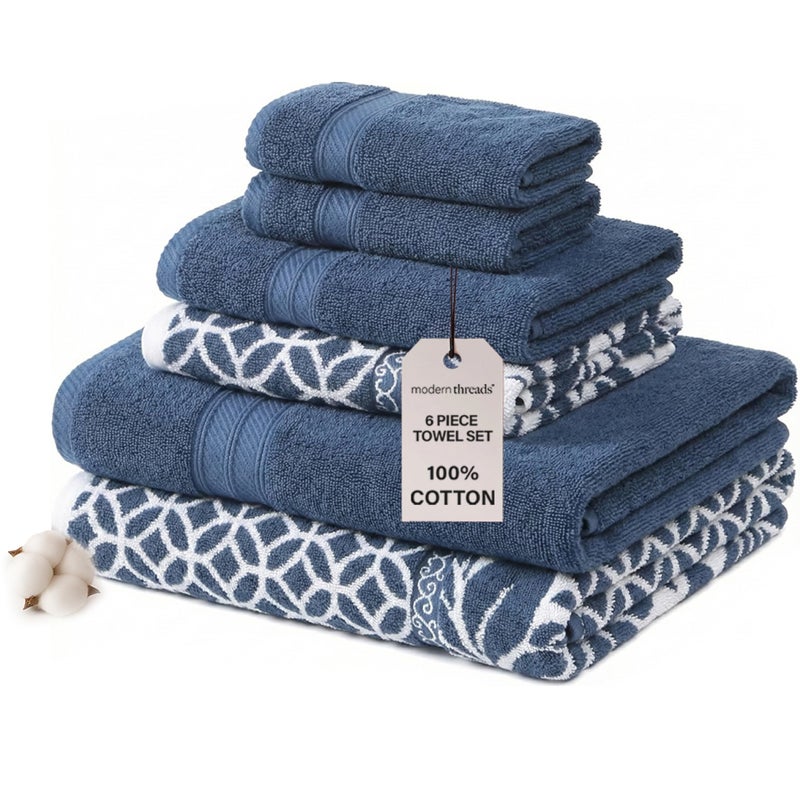 Modern Threads Trefoil Filigree 6-Piece 100% Cotton Towel Set â€“ Reversible Yarn Dyed Jacquard â€“ Includes 2 Bath Towels, 2 Hand Towels, 2 Washcloths â€“ Absorbent, Quick Dry, Soft & Durable â€“ Navy Blue - Image 1